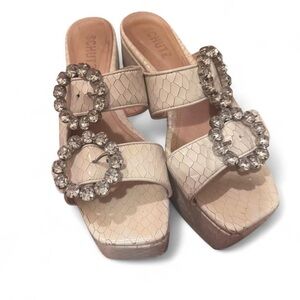 Schutz Cream Snakeskin Platform Sandals with Crystal Embellishments Sz 7